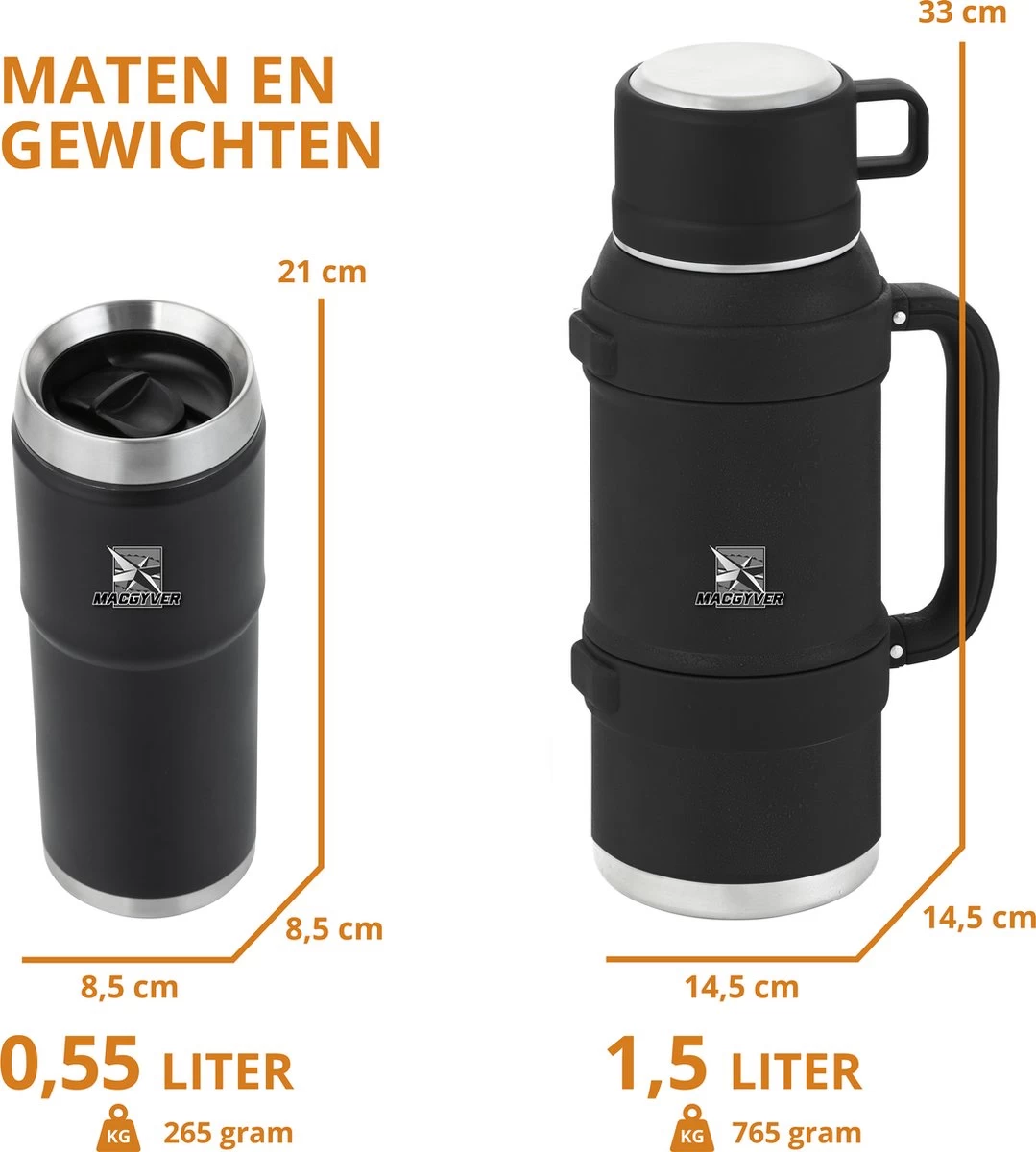MacGyver RVS Thermoskan 1.5 Ltr – RVS Thermosbeker 0,55 Ltr - Langdurig Warm/koud - Zwart 7 MacGyver RVS Thermoskan 1.5 Ltr – RVS Thermosbeker 0,55 Ltr - Langdurig Warm/koud - Zwart - Afbeelding 5