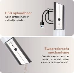 DODANA Premium Peper - & Zoutmolen Elektrisch - 1 Stuk - Pepermolen - Zoutmolen - Oplaadbaar - USB - Elektrische Pepermolen - RVS - Zwaartekracht Functie - LED Lamp - Nl Handleiding - Incl Borsteltje -Woonkeuken Winkel 1200x1192 3