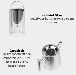 Castagnola Theepot Met Filter – Theekan – Theepot Dubbelwandig – Theepot Roestvrijstaal – Hoogwaardig RVS – 1 Liter – 5 Kopjes Thee – Zilver 13 Castagnola Theepot Met Filter – Theekan – Theepot Dubbelwandig – Theepot Roestvrijstaal – Hoogwaardig RVS – 1 Liter – 5 Kopjes Thee – Zilver -Woonkeuken Winkel 1200x1195 7