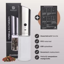 DODANA Premium Peper - & Zoutmolen Elektrisch - 1 Stuk - Pepermolen - Zoutmolen - Oplaadbaar - USB - Elektrische Pepermolen - RVS - Zwaartekracht Functie - LED Lamp - Nl Handleiding - Incl Borsteltje -Woonkeuken Winkel 1200x1199 13
