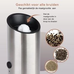DODANA Premium Peper - & Zoutmolen Elektrisch - 1 Stuk - Pepermolen - Zoutmolen - Oplaadbaar - USB - Elektrische Pepermolen - RVS - Zwaartekracht Functie - LED Lamp - Nl Handleiding - Incl Borsteltje -Woonkeuken Winkel 1200x1199 14