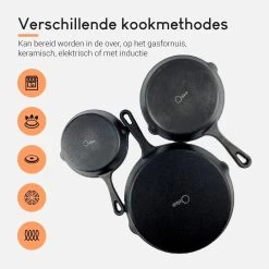 Ocina Gietijzeren Pan – Set Van 3 Stuks – ø25cm, ø19.5cm En ø16cm - Skillet - Koekenpan – Hapjespan – Koekenpan Inductie – Koekenpannenset - Gietijzeren Pan Bbq - Gietijzer - Incl. Receptenboek -Woonkeuken Winkel 1200x1200 404