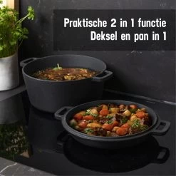 Daumonet Ducasse Gietijzeren Double Use Braadpan - Combi Sudderpan Zwart - 2-in-1 Bak- En Braadpan - PFAS & PFOA Vrij - Rond - Ø 26 Cm - 4,4 Liter - Emaille - Alle Warmtebronnen - Elektrisch - Gas - Halogeen - Inductie - Keramisch -Woonkeuken Winkel 1200x1200 586