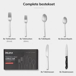 Deleca 8 Persoons Bestekset (48-delig) - Lepels, Messen, Vorken & Steakmessen - Vaatwasserbestendig - Zilver / RVS -Woonkeuken Winkel 1200x1200 807