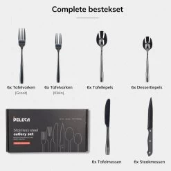 Deleca 6 Persoons Bestekset (36-delig) - Lepels, Messen, Vorken & Steakmessen - Vaatwasserbestendig - Zwart / RVS -Woonkeuken Winkel 1200x1200 840