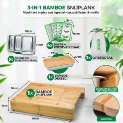 Ecowize 3-in-1 Bamboe Snijplank Met Opvangbak - Snijplank Hout Incl. 3 Roestvrijstalen Opvangbakjes Met Bamboe Deksel, 4 Inzetbare Raspen - Groentesnijder, Hakblok, Borrelplank, Tapasplank, Broodplank - 40x30cm - Duurzaam Cadeau -Woonkeuken Winkel 1200x1200 884