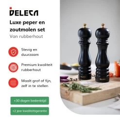 Deleca Luxe Peper En Zoutmolen Set - Met Geschenkdoos - Zout / Pepermolen - Rubberhout - Zwart & Goud -Woonkeuken Winkel 1200x1200 909