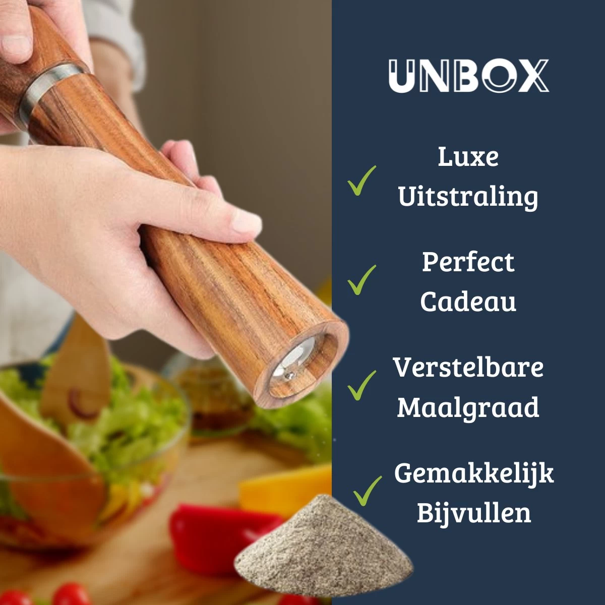 UNBOX Peper En Zoutmolen Set - Pepermolen - Zoutmolen - BBQ Accesoires - Acacia Hout - RVS 4 UNBOX Peper En Zoutmolen Set - Pepermolen - Zoutmolen - BBQ Accesoires - Acacia Hout - RVS - Afbeelding 3