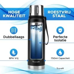 TravelR Thermosfles - Thermoskan - Drinkfles - Isoleerfles - BPA Vrij - Roestvrij Staal - 750 ML - Mat Zwart -Woonkeuken Winkel 1200x1200 944
