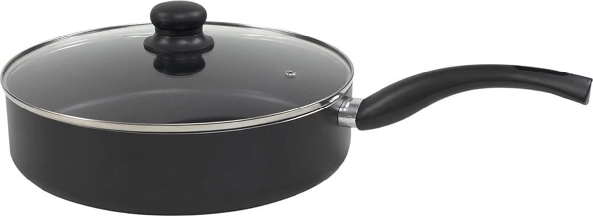 Cast Iron - Hapjespan - Ø28cm - Keramische Anti-aanbak Laag - Met Deksel - PFOA Vrij - Krasvast - Zwart 3 Cast Iron - Hapjespan - Ø28cm - Keramische Anti-aanbak Laag - Met Deksel - PFOA Vrij - Krasvast - Zwart