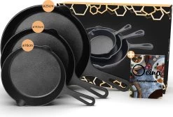Ocina Gietijzeren Pan – Set Van 3 Stuks – ø25cm, ø19.5cm En ø16cm - Skillet - Koekenpan – Hapjespan – Koekenpan Inductie – Koekenpannenset - Gietijzeren Pan Bbq - Gietijzer - Incl. Receptenboek