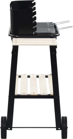 Verrijdbare Barbecue – Houtskool/Briketten - Verstelbare Grillplaat – Houten Tafel – Winscherm – Gewicht 5.9kg -Woonkeuken Winkel 630x1200