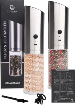 DODANA Premium Peper - & Zoutmolen Elektrisch - 1 Stuk - Pepermolen - Zoutmolen - Oplaadbaar - USB - Elektrische Pepermolen - RVS - Zwaartekracht Functie - LED Lamp - Nl Handleiding - Incl Borsteltje